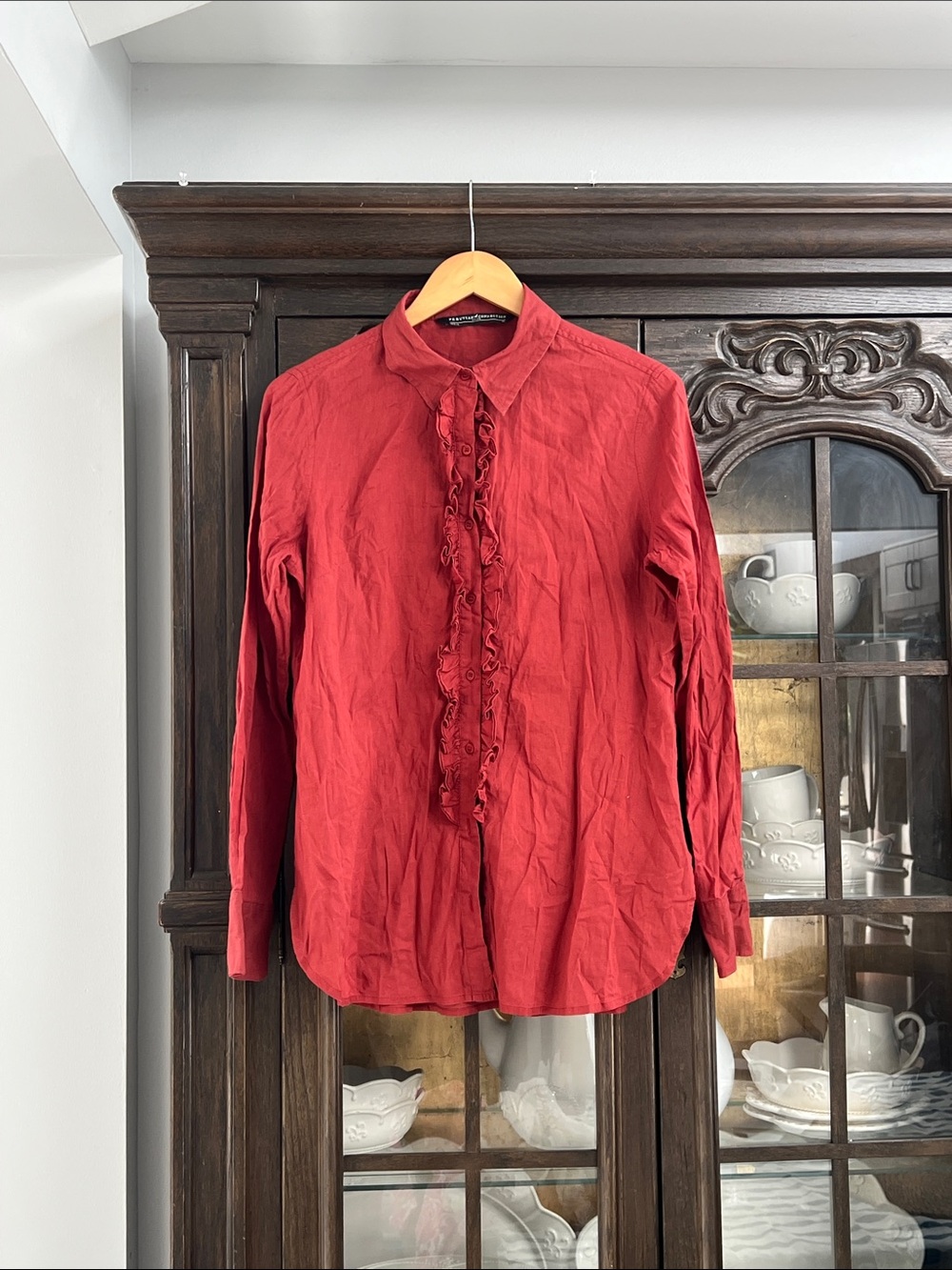 Peruvian Connection Ruffled Front Long-Sleeve Red Blouse